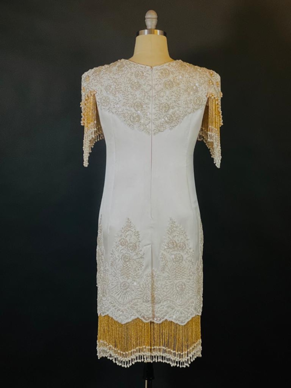 ManiKing NYC Custom Ivory & Gold Formal Dress + Matching Shoulder Cape – Sz 8